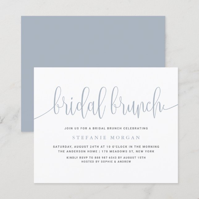 Brunch-inbjudan till Dusty Blue Calligraphy Möhipp (Fram/baksida)