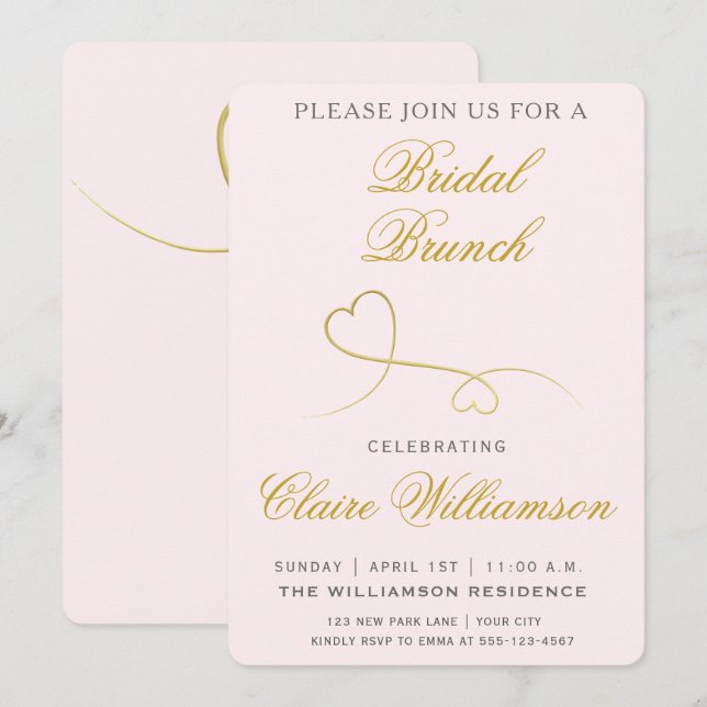 Brunch-inbjudan till elegant Guld Hearts Rosa Möhi Inbjudningar (Fram/baksida)