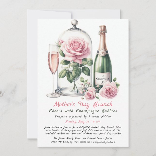 Brunch-inbjudan till mor-dagen - Champagne & Rosa Inbjudningar (Framsida)