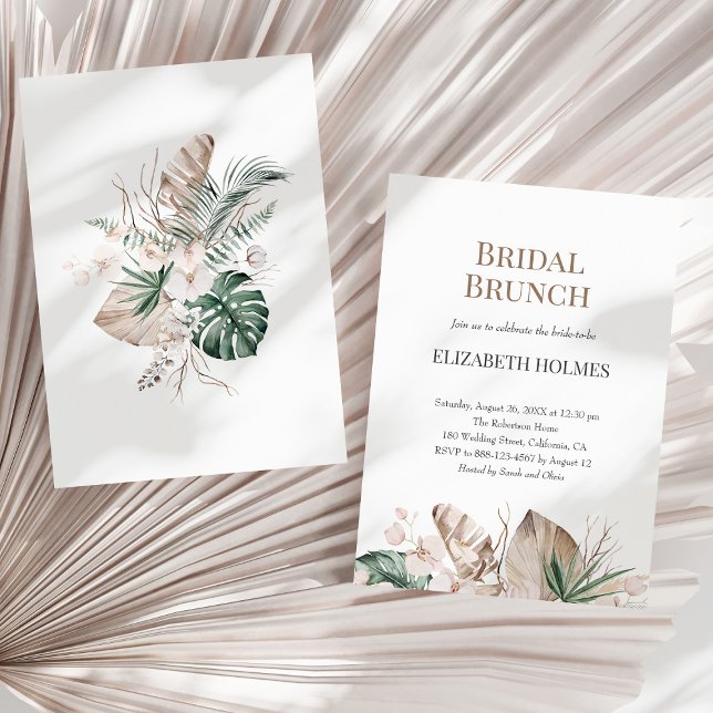 Brunch-inbjudan till Tropical Orchid Monstera Möhi Inbjudningar (Tropical Orchid Monstera Bridal Brunch Invitation on a sunny neutral dry palm leaf.)