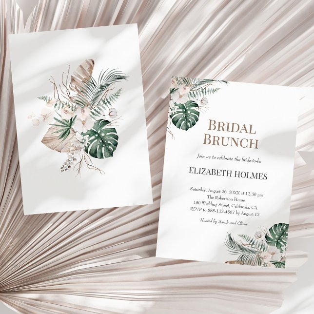 Brunch-inbjudan till Tropical Orchid Monstera Möhi Inbjudningar (Tropical Orchid Monstera Bridal Brunch Invitation on a sunny neutral dry palm leaf.)