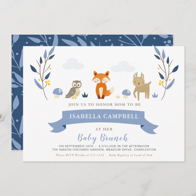 Brunch-inbjudan till Woodland Baby Inbjudningar (Fram/baksida)