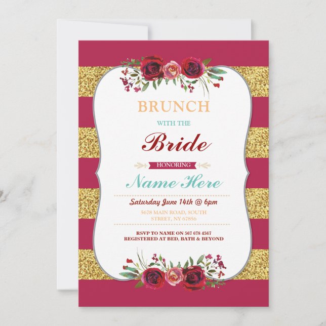 Brunch med Bride Red Glitter Blommigt Inbjudan (Framsida)