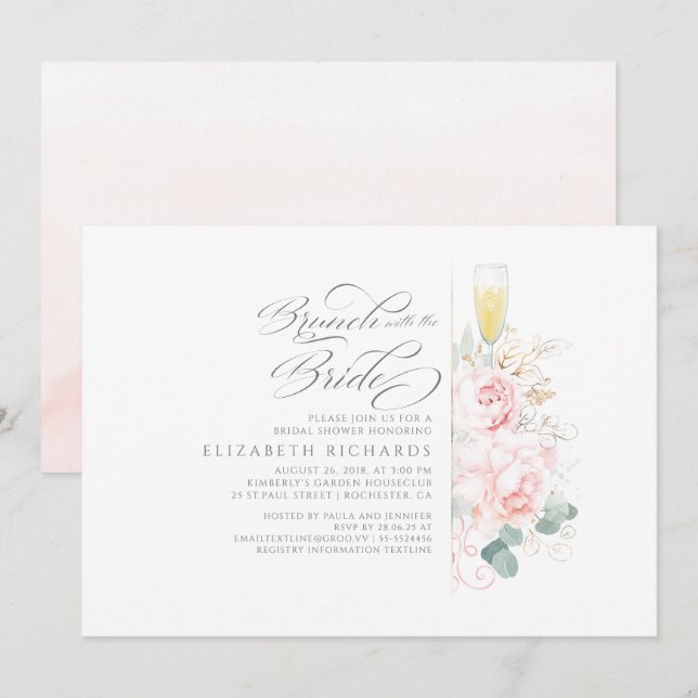 Brunch med Bride Rosa Blommigt Möhippa Inbjudningar (Fram/baksida)