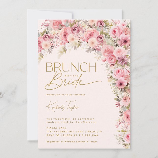 Brunch med Bride Rosa Blommigt Möhippa Inbjudningar (Framsida)