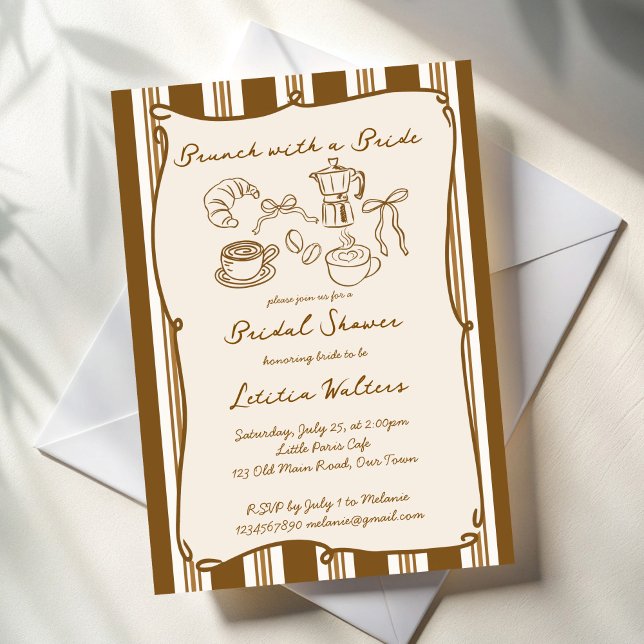 Brunch med brud retro kaffe bröllopsdusch inbjudningar (Brunch with a bride retro brown stripes coffee bridal shower invitation cards template )