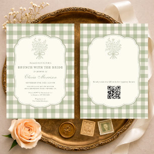 Brunch med bruden Gingham QR-kod Bröllopsdusch Inbjudningar