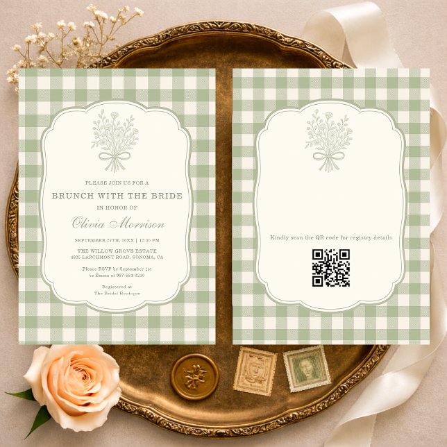Brunch med bruden Gingham QR-kod Bröllopsdusch  Inbjudningar (Skapare uppladdad)