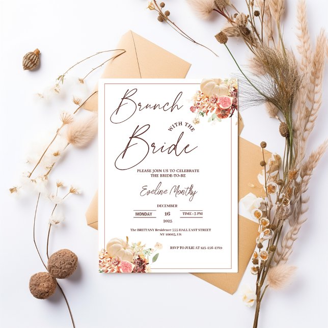 Brunch med Bruden Höstbröllopsfest med Pumpa Inbjudningar (brunch with the bride fall winter spring summer whimsical wildflowers elegant chic floral)