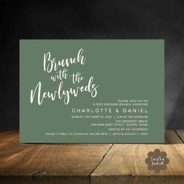 Brunch med de nya lyweds, Bröllop Elopement Inbjudningar (Brunch with the newlyweds, Post Wedding Elopement Invitation Card PDF Forest Sage Green)