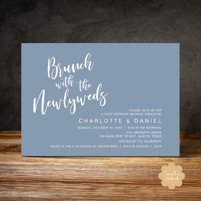 Brunch med de nya lyweds, Bröllop Elopement Inbjudningar (Brunch with the newlyweds, Post Wedding Elopement Invitation Card PDF Dusty Blue)