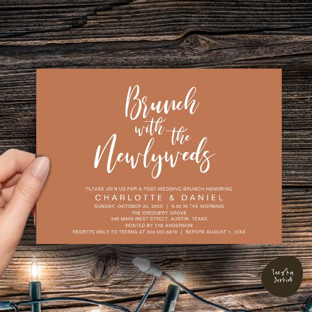 Brunch med de nya lyweds, Bröllop Elopement Inbjudningar (Brunch with the newlyweds, Post Wedding Elopement Invitation Card PDF Copper Brown Terracotta)