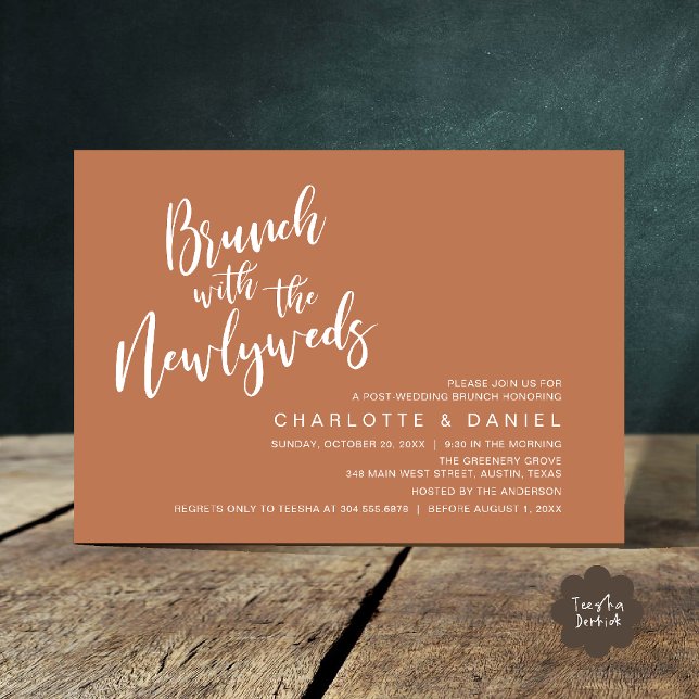 Brunch med de nya lyweds, Bröllop Elopement Inbjudningar (Brunch with the newlyweds, Post Wedding Elopement Invitation Card PDF Copper Brown Terracotta)