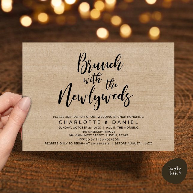 Brunch med de nya lyweds, Bröllop Elopement Inbjudningar (Brunch with the newlyweds, Post Wedding Elopement Invitation Card PDF Cottage Brown Wood Background)