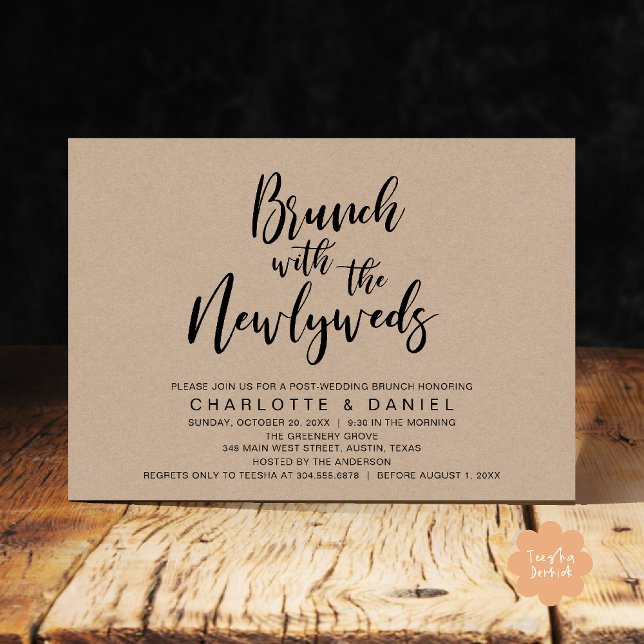 Brunch med de nya lyweds, Bröllop Elopement Inbjudningar (Brunch with the newlyweds, Post Wedding Elopement Invitation Card PDF Cottage Brown Wood Background)