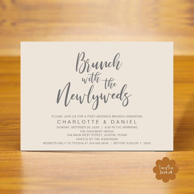 Brunch med de nya lyweds, Bröllop Elopement Inbjudningar (Brunch with the newlyweds, Post Wedding Elopement Invitation Card PDF Cream Grey)