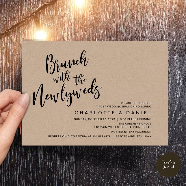 Brunch med de nya lyweds, Bröllop Elopement Inbjudningar (Brunch with the newlyweds, Post Wedding Elopement Invitation Card PDF Cottage Brown Wood Background)