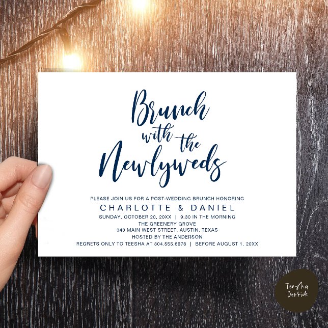 Brunch med de nya lyweds, Bröllop Elopement Inbjudningar (Brunch with the newlyweds, Post Wedding Elopement Invitation Card PDF Navy Blue)
