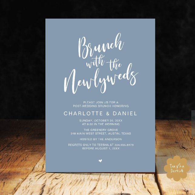 Brunch med de nya lyweds, Bröllop Elopement Inbjudningar (Brunch with the newlyweds, Post Wedding Elopement Invitation Card PDF Dusty Blue)