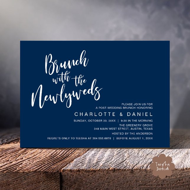 Brunch med de nya lyweds, Bröllop Elopement Inbjudningar (Brunch with the newlyweds, Post Wedding Elopement Invitation Card PDF Navy Blue)