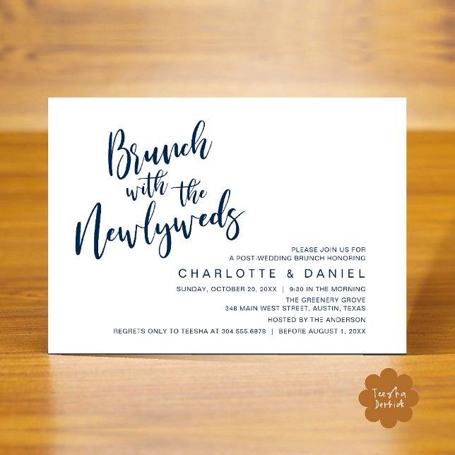 Brunch med de nya lyweds, Bröllop Elopement Inbjudningar (Brunch with the newlyweds, Post Wedding Elopement Invitation Card PDF Navy Blue)