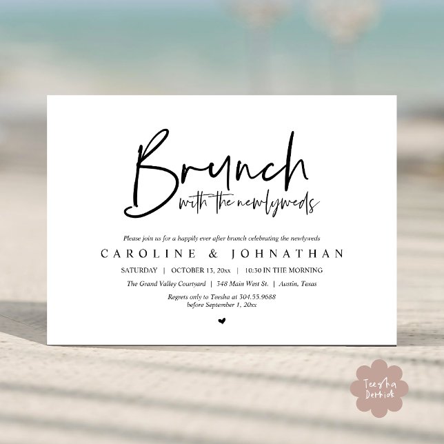 Brunch med det nygifta paret efterbröllopsfirande inbjudningar (Brunch with the Newlyweds Post Modern Morning Wedding Celebration Invitation Card PDF Black White)