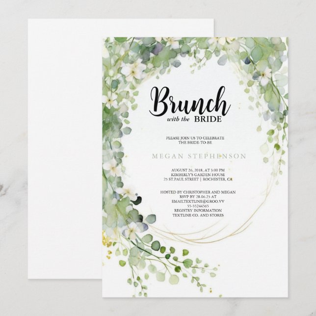 Brunch med Möhippan Bride Guld Greenery Inbjudningar (Fram/baksida)