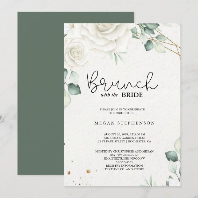 Brunch med Möhippan Bride Guld Greenery Inbjudningar (Fram/baksida)