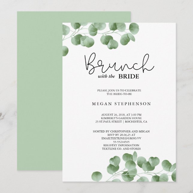 Brunch med Möhippan Bride Guld Greenery Inbjudningar (Fram/baksida)