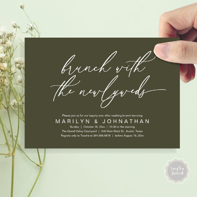 Brunch med Newlyweds, efter Bröllop-firat Inbjudningar (Brunch With The Newlyweds, Romantic Modern Post Wedding Celebrate Invitation Card PDF Olive Green)