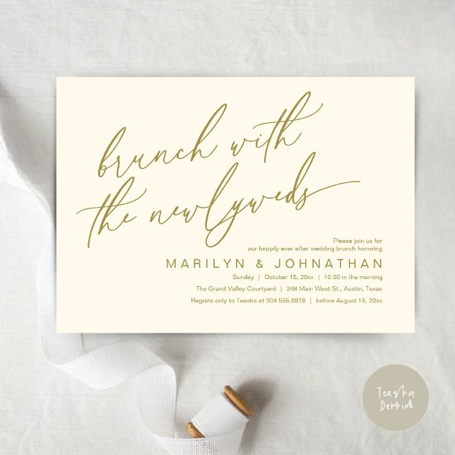 Brunch med Newlyweds, efter Bröllop-firat Inbjudningar (Brunch With The Newlyweds, Romantic Modern Post Wedding Celebrate Invitation Card PDF Yellow Gold)