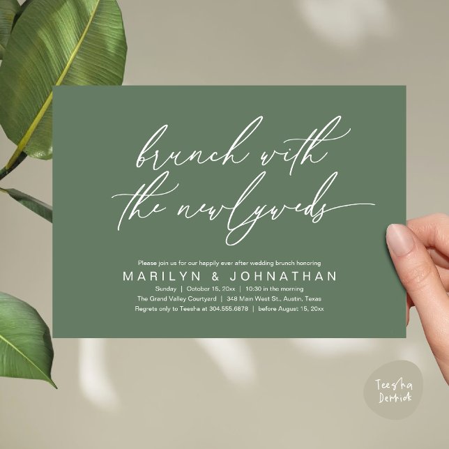 Brunch med Newlyweds, efter Bröllop-firat Inbjudningar (Brunch With The Newlyweds, Romantic Modern Post Wedding Celebrate Invitation Card PDF Sage Green)