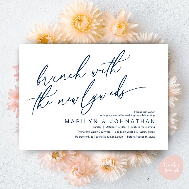 Brunch med Newlyweds, efter Bröllop-firat Inbjudningar (Brunch With The Newlyweds, Romantic Modern Post Wedding Celebrate Invitation Card PDF navy Blue)