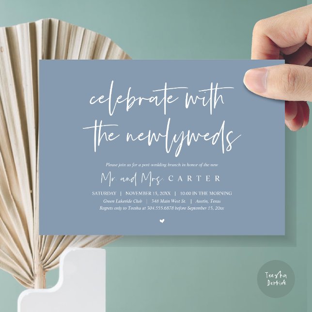 Brunch med nygifta, efter bröllopsfesten inbjudningar (Celebrate with the newlyweds, Wedding Brunch Invitation Card, PDF, in Dusty Blue)