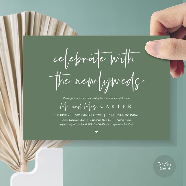 Brunch med nygifta, efter bröllopsfesten inbjudningar (Celebrate with the newlyweds, Wedding Brunch Invitation Card, PDF, in Forest Sage Green)