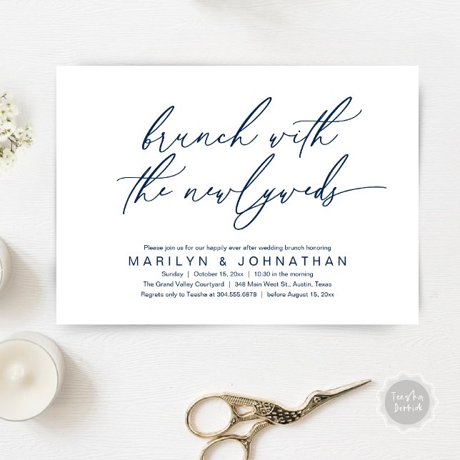 Brunch med nygifta, efterbröllopsfirande inbjudningar (Brunch With The Newlyweds, Romantic Modern Post Wedding Celebrate Invitation Card PDF Navy Blue)