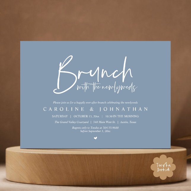 Brunch med nygifta Efterbröllopsfirande Inbjudningar (Brunch with the Newlyweds Post Modern Morning Wedding Celebration Invitation Card PDF Dusty Blue)