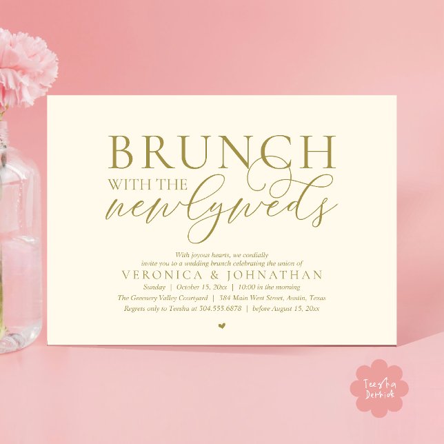 Brunch med nygifta, Gul Guld Bröllop Inbjudningar (Brunch with the newlyweds, Modern Classy Wedding Elopement Invitation Card in Gold Yellow Cream)