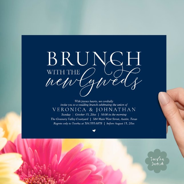 Brunch med nygifta, Marinblå Bröllop Inbjudningar (Brunch with the newlyweds, Modern Classy Wedding Elopement Invitation Card in Navy Blue)