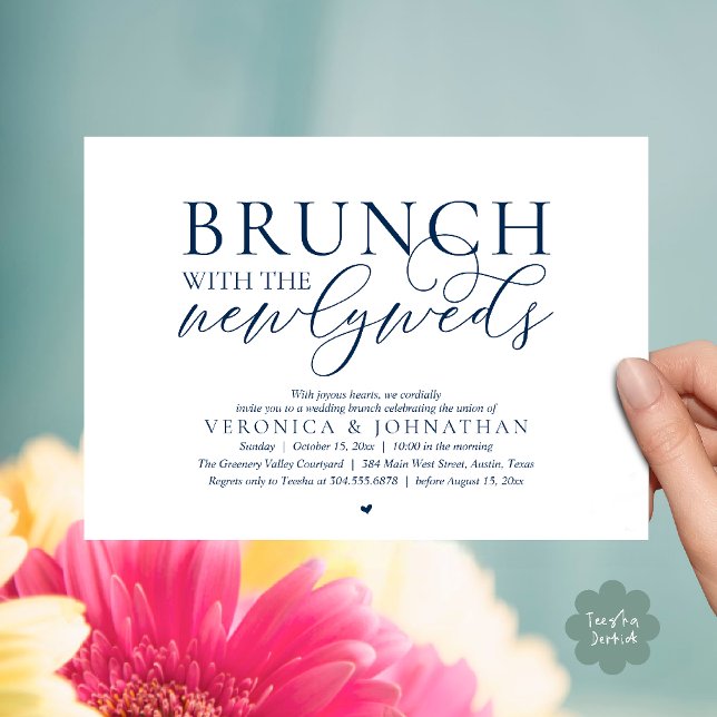 Brunch med nygifta, Marinblå Bröllop Inbjudningar (Brunch with the newlyweds, Modern Classy Wedding Elopement Invitation Card in Navy Blue)