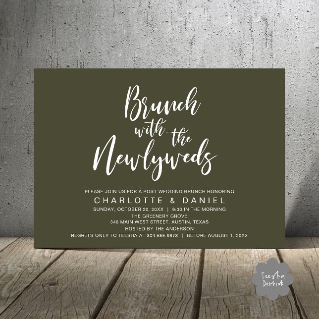 Brunch med nygifta, vigsel bortröst inbjudningar (Brunch with the newlyweds, Post Wedding Elopement Invitation Card PDF Olive Green)