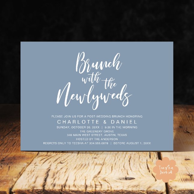 Brunch med nygifta, vigsel bortröst inbjudningar (Brunch with the newlyweds, Post Wedding Elopement Invitation Card PDF Dusty Blue)