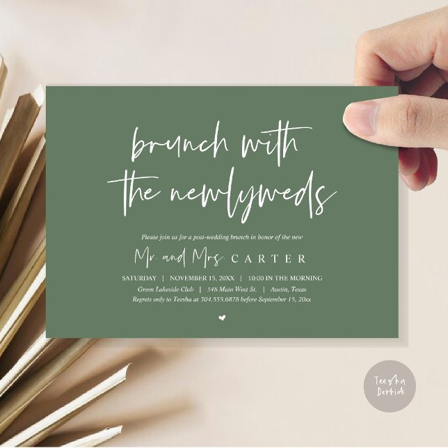 Brunch med nylaverna, Grönten efter bröllop Sage Inbjudningar (Brunch with the newlyweds, post wedding elopement invitation card, pdf, in forest sage green)