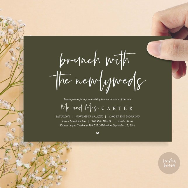 Brunch med nylaverna, post bröllop, i Olive Inbjudningar (Brunch with the newlyweds, post wedding elopement invitation card, pdf, in olive green)