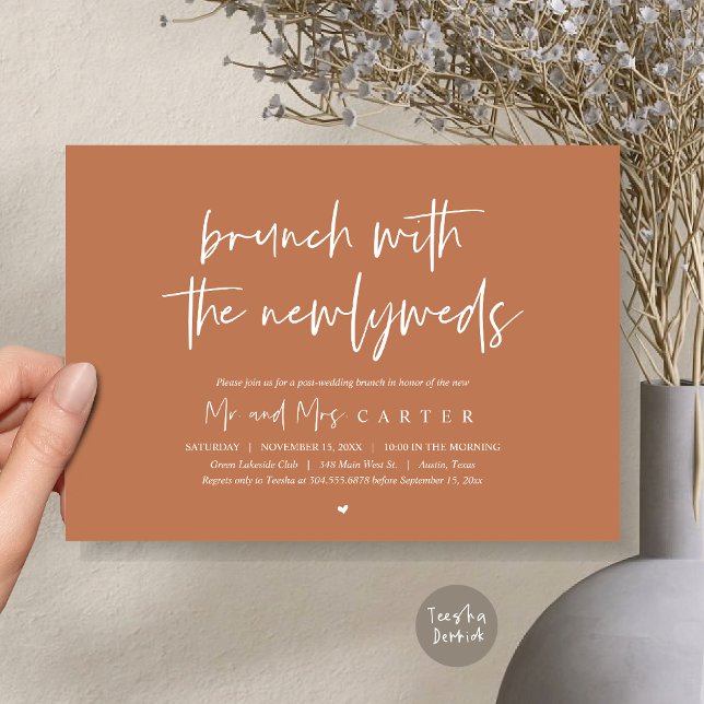 Brunch med nylökar, post bröllop, i koppar inbjudningar (Brunch with the newlyweds, post wedding elopement invitation card, pdf, in copper rust brown)