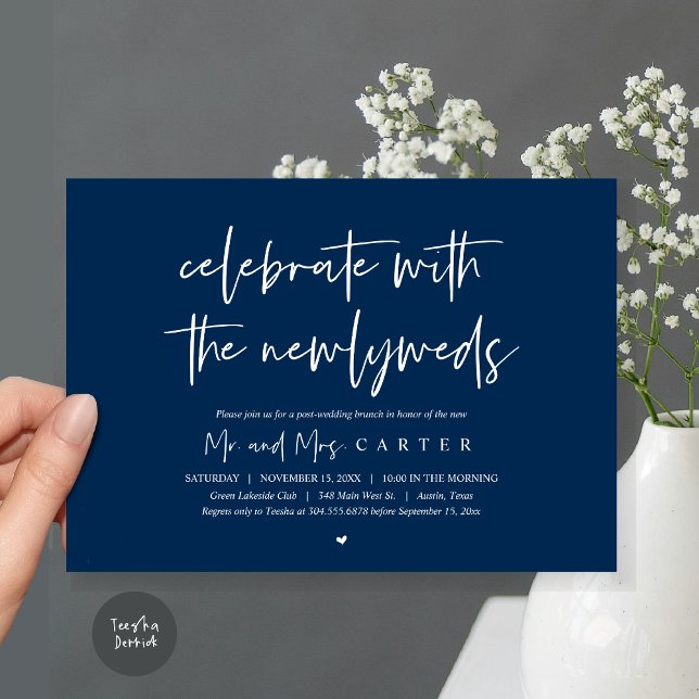 Brunch med nylökarna, efter bröllopsinbjudan inbjudningar (Celebrate with the newlyweds, Wedding Brunch Invitation Card, PDF, in Navy Blue)
