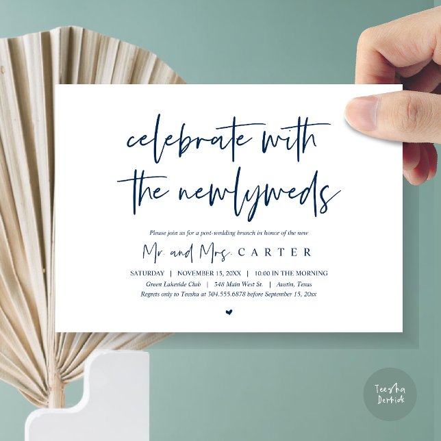 Brunch med nylökarna, efter bröllopsinbjudan inbjudningar (Celebrate with the newlyweds, Wedding Brunch Invitation Card, PDF, in Navy Blue)