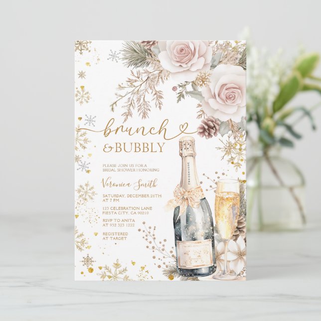 Brunch med rosa rosor och bubblig champagne för br inbjudningar (Stående Fram)
