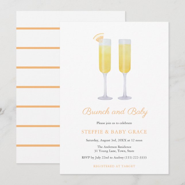 Brunch och Baby Mimosas Shower eller Sip & Se Inbjudningar (Fram/baksida)