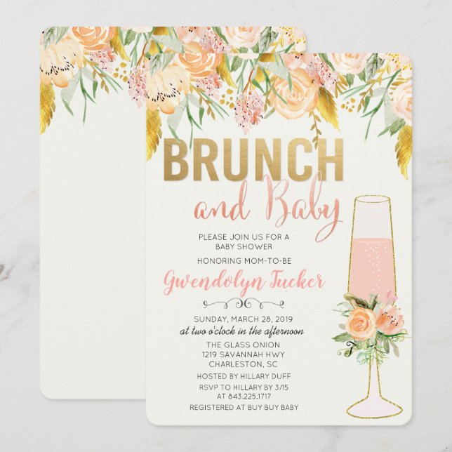 Brunch och bubbel Baby Shower-inbjudan Inbjudningar (Fram/baksida)